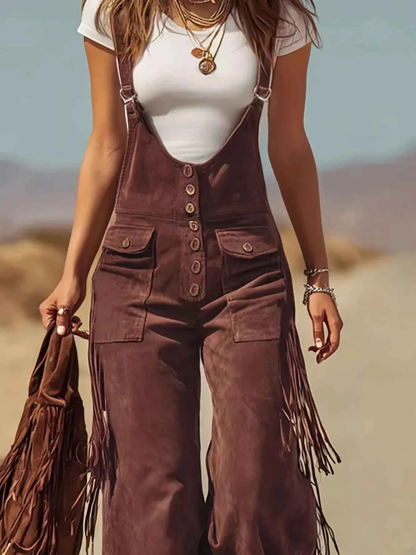 Fringe Corduroy Button Front Overalls