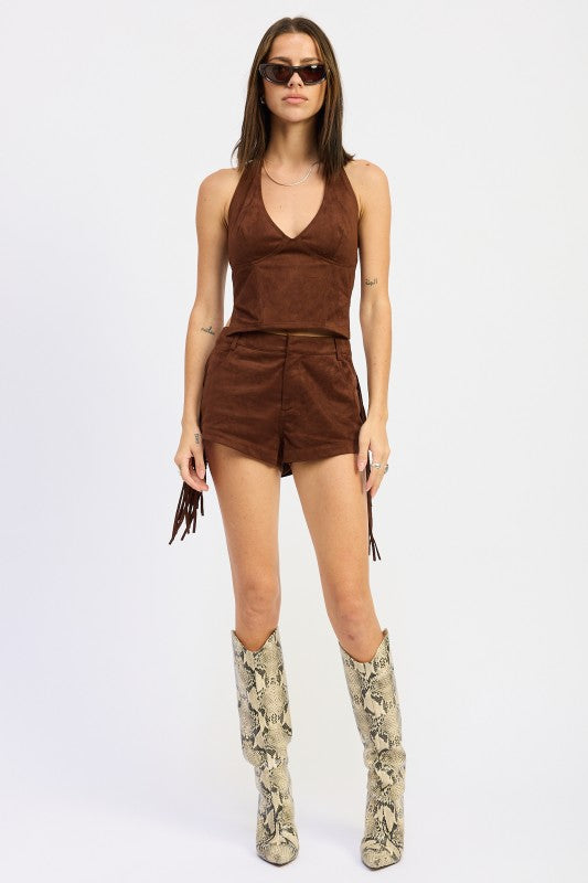 SUEDE HALTER TOP WITH BACK ZIPPER