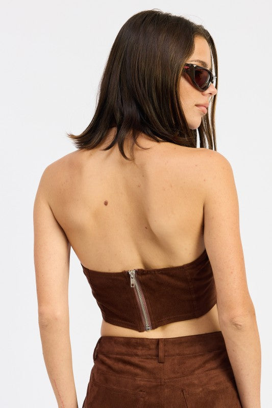SUEDE HALTER TOP WITH BACK ZIPPER