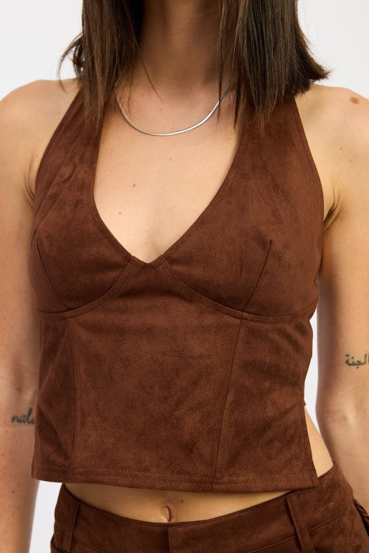 SUEDE HALTER TOP WITH BACK ZIPPER
