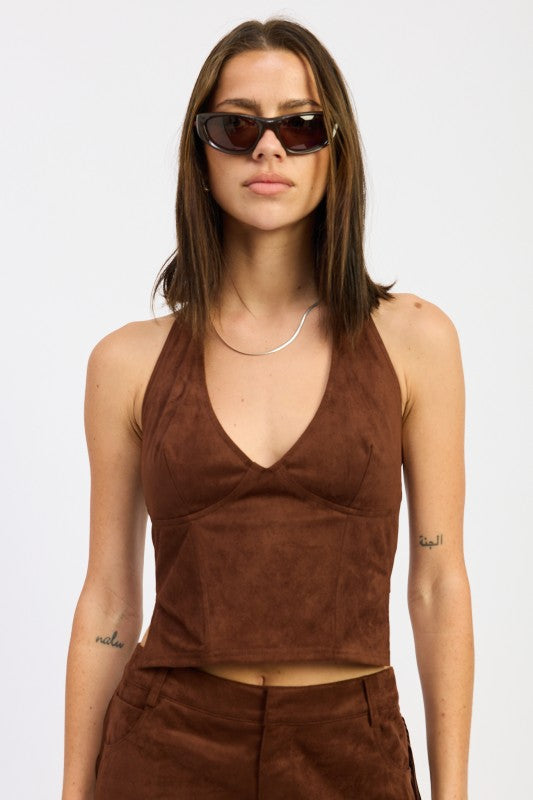 SUEDE HALTER TOP WITH BACK ZIPPER