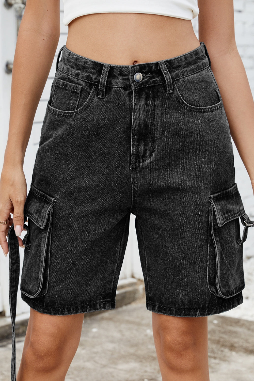 Washed Cargo Denim Shorts