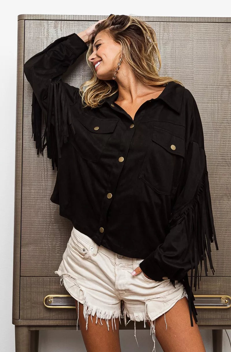 BiBi Suede Fringe Long Sleeve Jacket