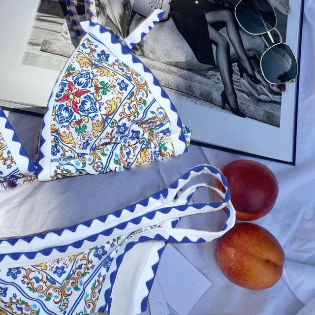 Triangle Micro Bikini Set Vintage Print Swimsuit Women's Swimming Suit Hollow Out Swimwear Padded Push Up Bikini Set Swimwear Beachwear Swimsuit High Cut Bathing Suit Swim